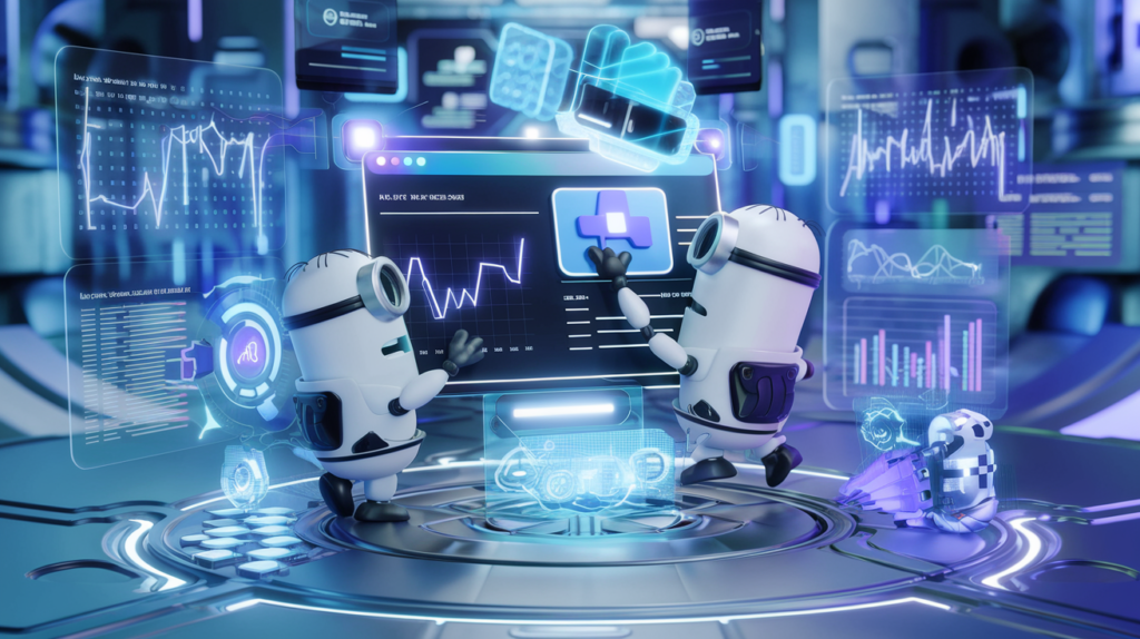 Robot minions creating a powerpoint slide.