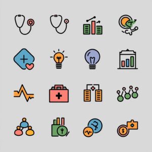 A set of simple icons representing various industries (e.g., healthcare, energy, finance) on a neutral background.